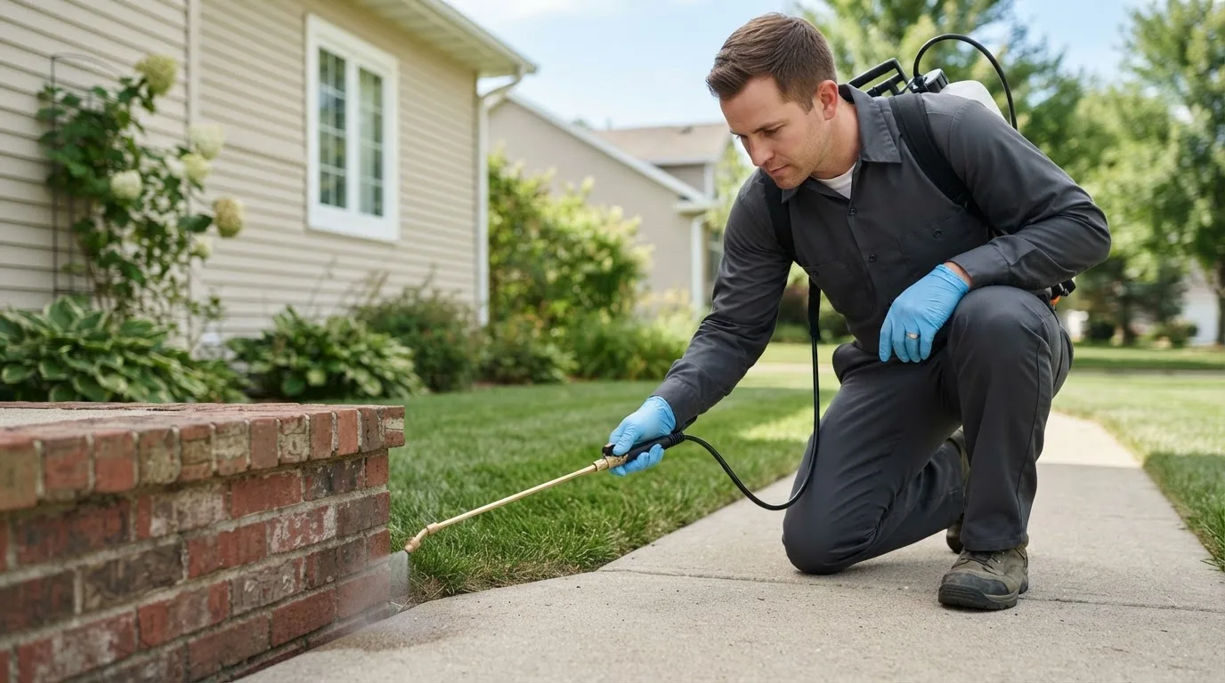 Pest control technician treating a home near Merrill, OR